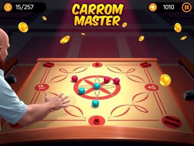 Carrom Master Gameplay showing player flicking striker to hit coins on digital board