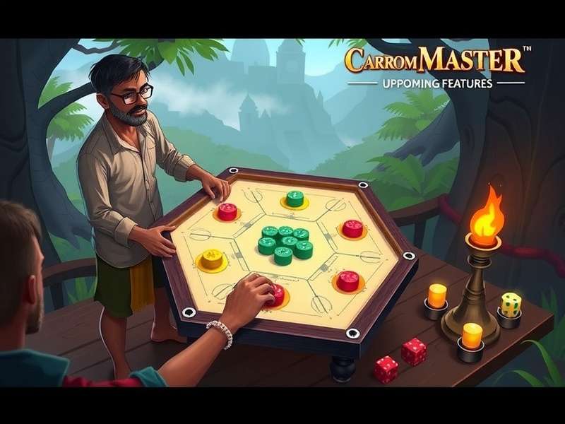 Carrom Master Upcoming Features showing concept art of Village Carrom mode with traditional rural board