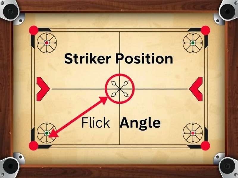 Carrom Master Pro Strategy diagram showing optimal striker position and flick angle
