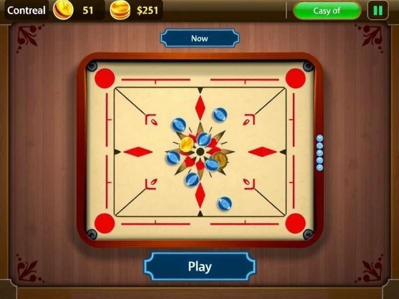 Carrom Master Game Interface showing digital carrom board with striker, coins, and player controls